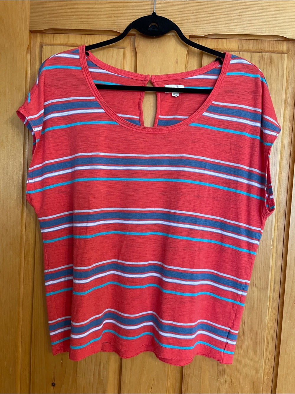 M.    Soft  Red Striped Short Sleeve Tee with Blue Accents
